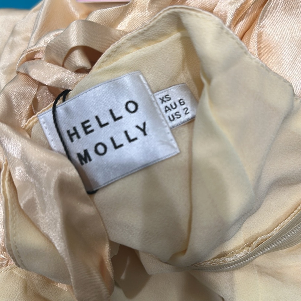 NWT HELLO MOLLY NIGHT IN CABANA SATIN mini DRESS YELLOW cross back tie sz 2 - Picture 10 of 10